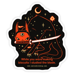 Orion Biscuits vinyl sticker featuring a black cat with a sword and the phrase inspired by memes.