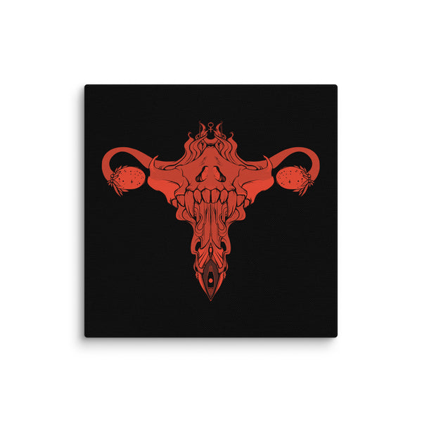 Death Metal Uterus canvas print featuring a red on black illustration, hand-stretched over solid wood stretcher bars, fade-resistant artwork