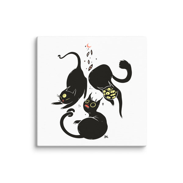 Three black cats illustration on canvas print, gothic and creepy cute wall art, weirdcore and witchy decor for goth style interior.