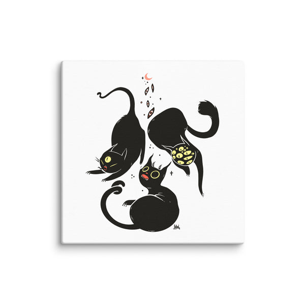 Three black cats illustration canvas print, gothic weirdcore creepy cute art, witchy goth decor wall art