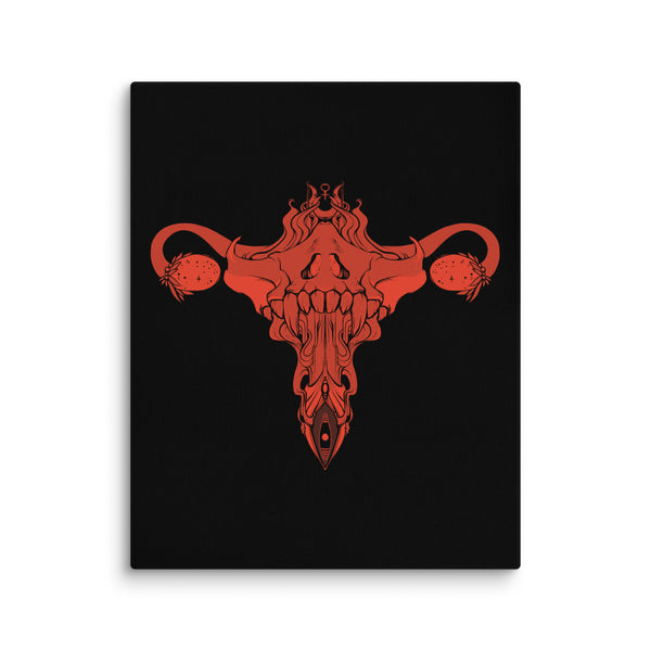 Death Metal Uterus illustration in red on black canvas, fade-resistant, hand-stretched over solid wood stretcher bars, 1.25" thick poly-cotton blend.