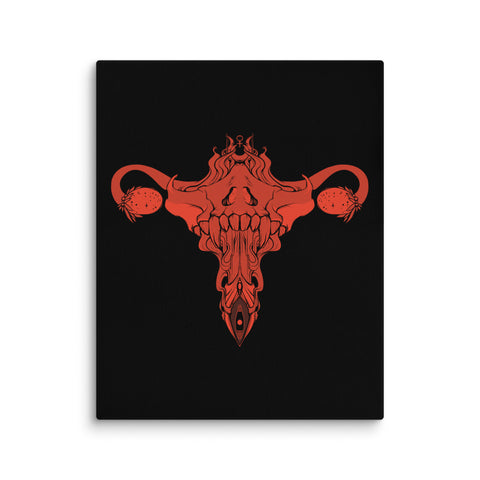 Death Metal Uterus illustration in red on black canvas, fade-resistant, hand-stretched over solid wood stretcher bars, 1.25" thick poly-cotton blend.