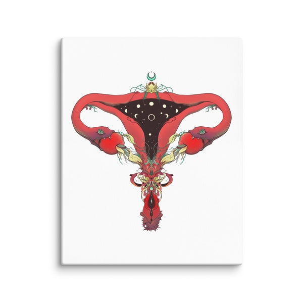 Snake Uterus Lilith canvas print featuring red and black witchy illustration inspired by feminism, hand-stretched wall art decor