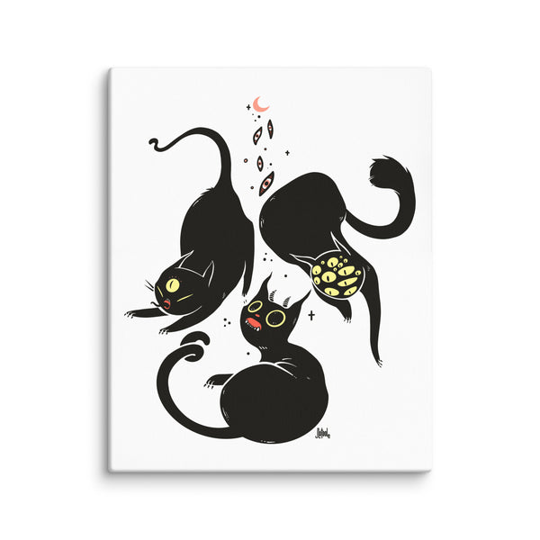 Canvas print featuring original illustration of three black cats on a white background, perfect for goth and weirdcore decor.