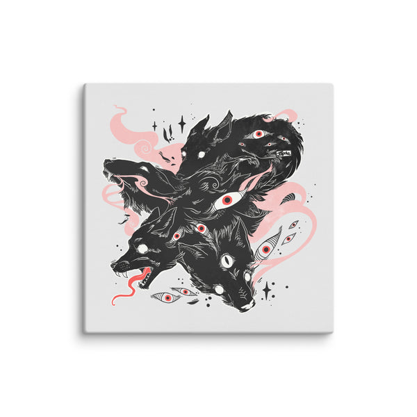 Anime goth wolf illustration on canvas print, witchy wolf wall art home decor with fade-resistant ink and solid wood frame