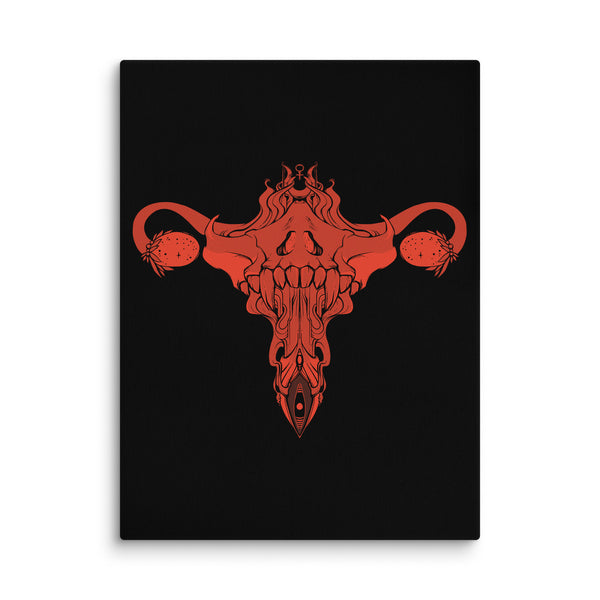 Death Metal Uterus canvas print, red on black original illustration, fade-resistant, hand-stretched over wood, 1.25" thick, mounting included