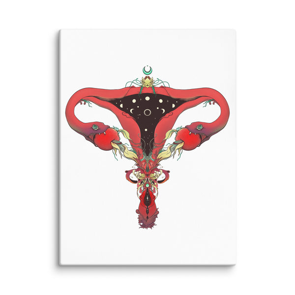 Red and black canvas print of Snake Uterus Lilith illustration with uterus and ovaries, feminist witchy wall art decor