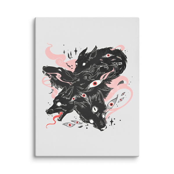 Wolf anime goth witchy decor canvas print with original illustration of wolves on fade-resistant fabric wall art