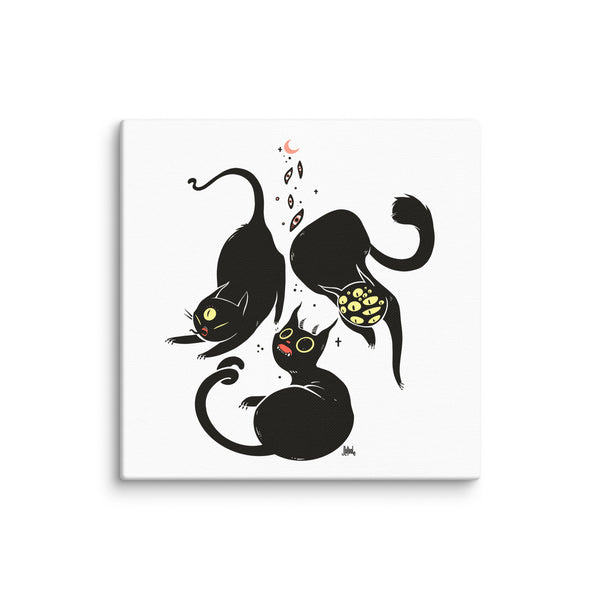 Gothic canvas print featuring three black cats, perfect for weirdcore and witchy decor. Creepy cute wall art for goth-inspired interiors.