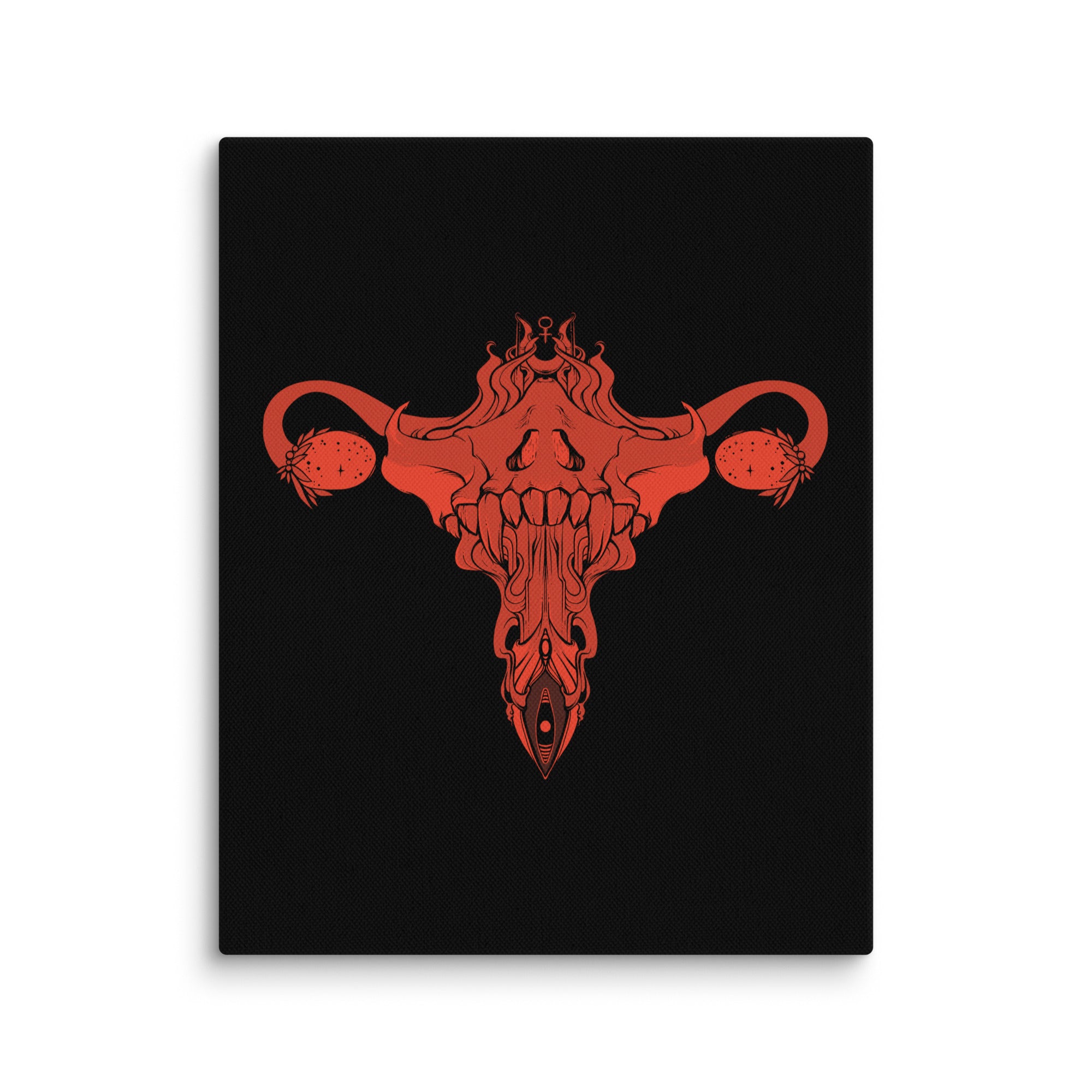 Death Metal Uterus Canvas Print, Original Illustration, Red on Black, Hand-Stretched, Fade-Resistant Wall Art, 1.25″ Thick Poly-Cotton