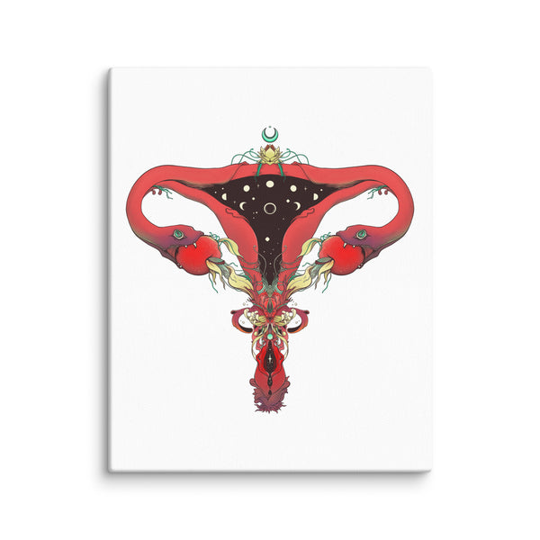 Red and black feminist canvas art print featuring uterus and ovaries inspired by Lilith, witchy decor wall art, fade-resistant hand-stretched canvas