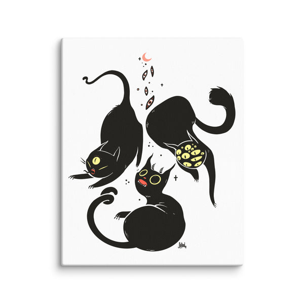 Three black cats illustration on canvas print, gothic, witchy art, creepy cute weirdcore wall decor, hand-stretched and fade-resistant