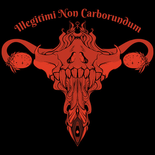 Illegitimi Non Carborundum matte art print featuring unique illustration of uterus and ovaries in red on black.