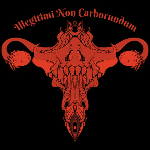 Illegitimi Non Carborundum matte art print featuring unique illustration of uterus and ovaries in red on black.