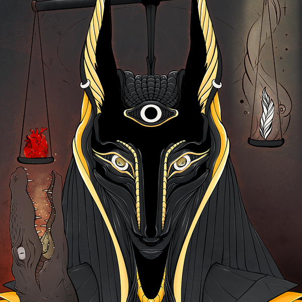 Matte art print of Anubis, the Egyptian god of the dead, depicted with scales weighing a heart and feather.