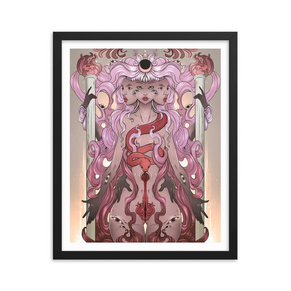 Hecate framed art print featuring a gothic, witchy illustration of the Greek goddess, perfect for goth and alt decor styles.