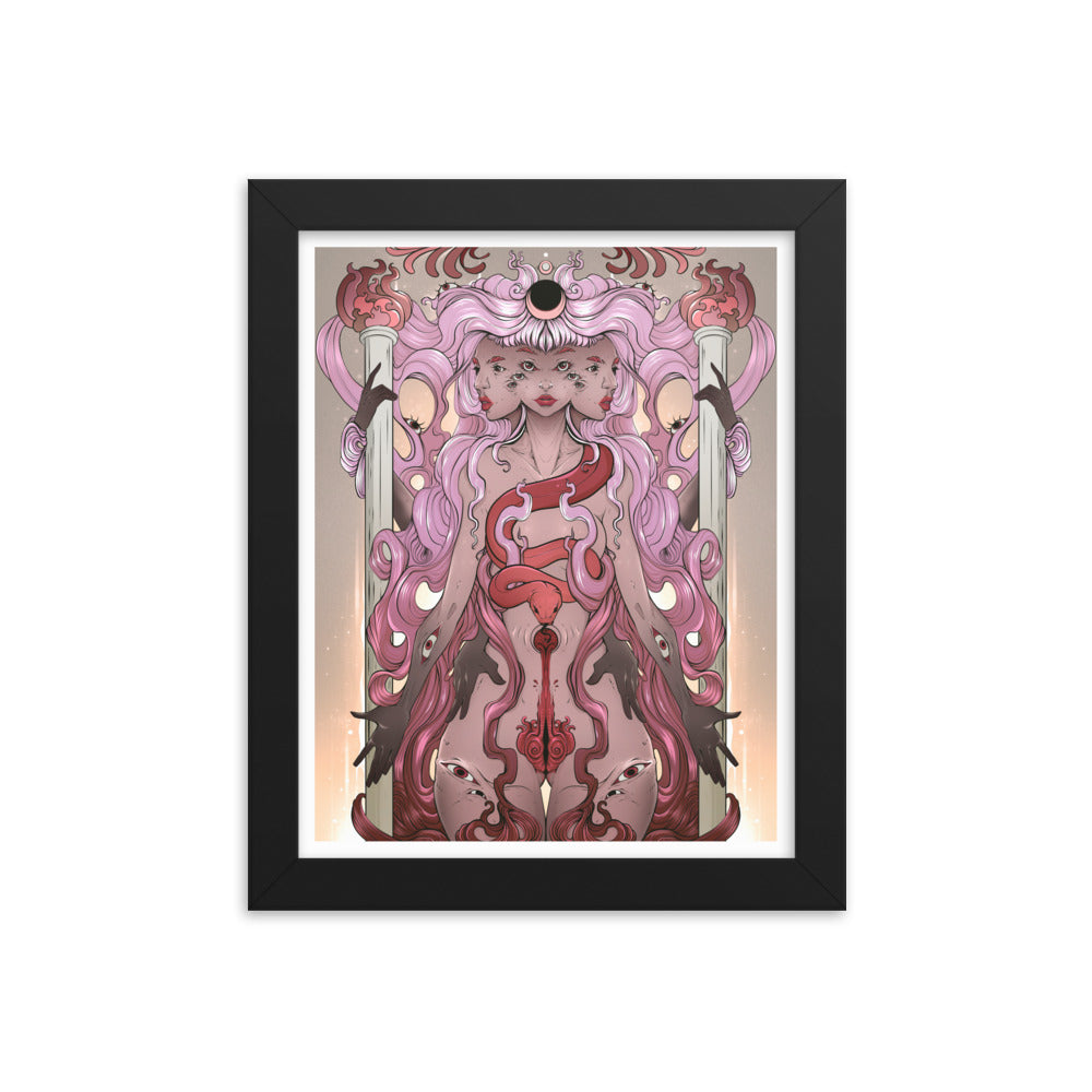 Framed art print of Hecate, Greek goddess, featuring a pink and red illustration with gothic and witchy elements, set in a black frame.