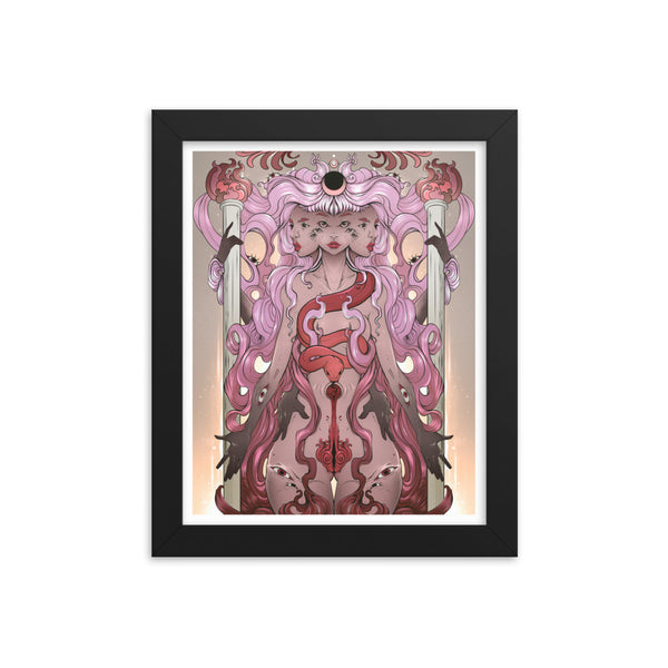 Framed art print of Hecate, Greek goddess, featuring a pink and red illustration with gothic and witchy elements, set in a black frame.