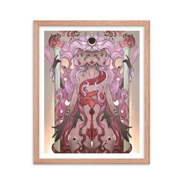 Hecate framed art print featuring goth witchy illustration of Greek goddess, with thick matte paper and Ayous wood frame.