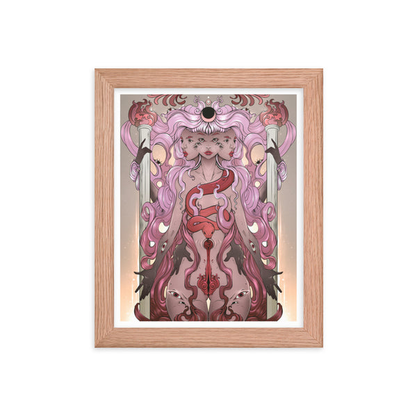 Framed art print of Hecate, a Greek goddess illustration in pinks and reds, featuring wood frame from renewable forests. Goth, alt, witchy.