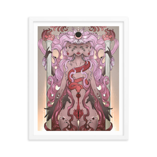 Hecate framed art print with original illustration, featuring a gothic witchy design on matte paper, thick Ayous wood frame, and Acrylite protector.