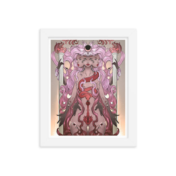 "Framed art print of Hecate, Greek goddess illustration on matte paper, with gothic, witchy and alt design elements, in a renewable Ayous wood frame."