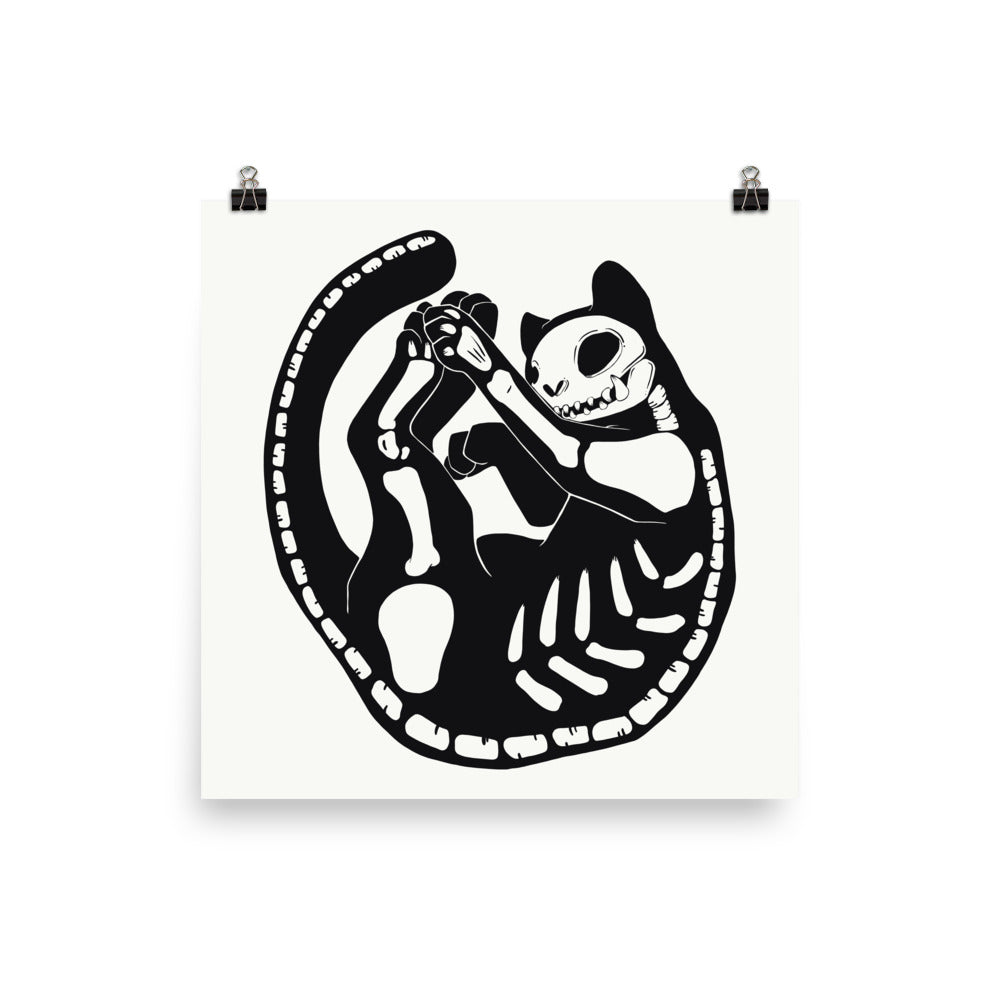 Black cat skeleton illustration in a playful pose, printed as a matte art poster on archival paper. Ideal for cat lovers.