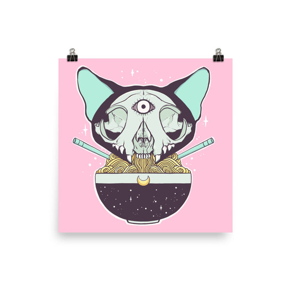 Cat skull ramen noodles illustration on a pink background, matte art print poster for home decor.