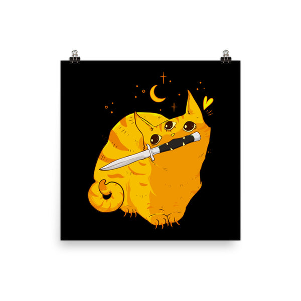 Mean orange cat illustration with a knife, featuring vibrant colors on a black background. Matte art print poster.