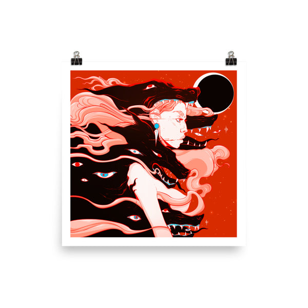 Red witch surrounded by black wolves during solar eclipse, matte art print poster with white margin for framing.