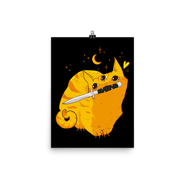 Matte art print of a mean orange cat with a knife, whimsical illustration on a black background.