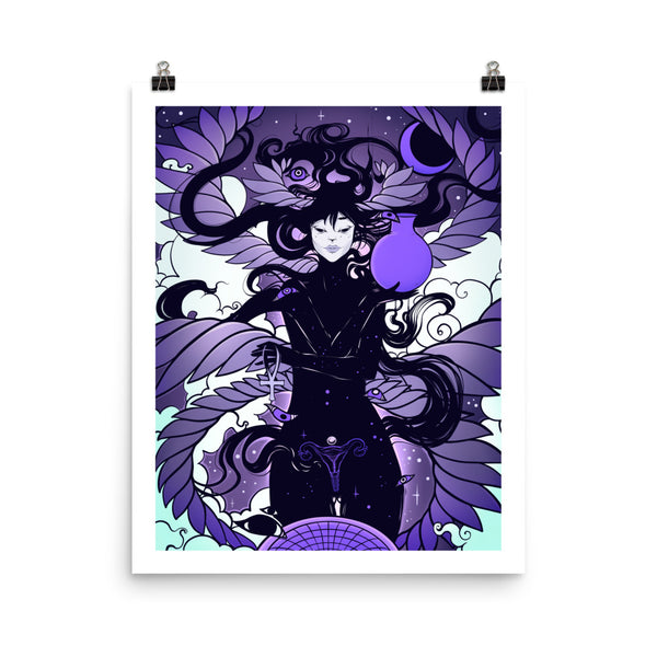 Matte art print poster of Nuit, Egyptian sky goddess, in gothic and witchy style with dark, mystical illustration and white margin border.