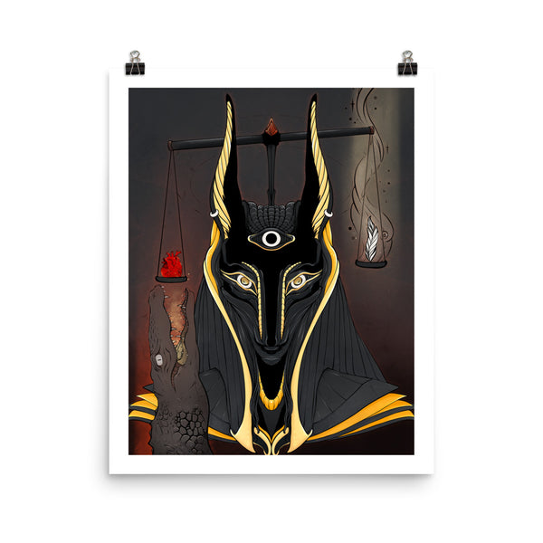 Matte art print of Anubis, the ancient Egyptian god of the dead, showcasing his iconic jackal head and scales of justice.