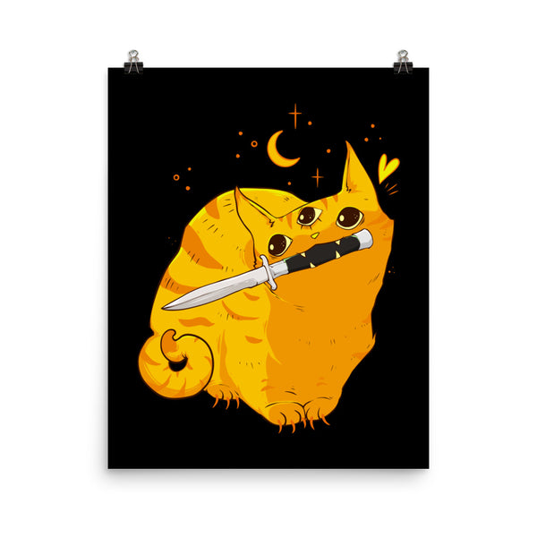 Mean orange cat illustration with a knife on a black background, matte art print poster, cute and whimsical design.