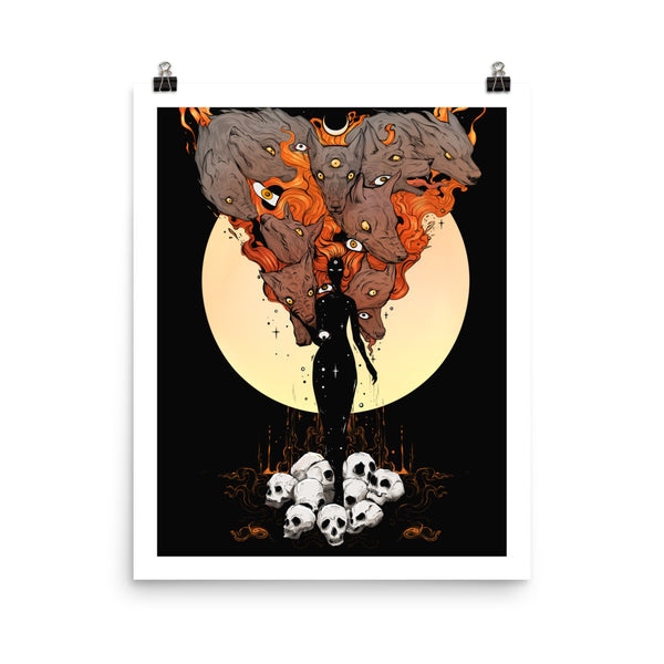 Matte art print of Mother Nature illustration with hounds and skulls on a dark background, showcasing giclée quality.