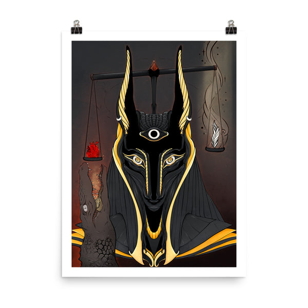 Matte art print of Anubis, the Egyptian god of the dead, balancing scales symbolizing the afterlife.