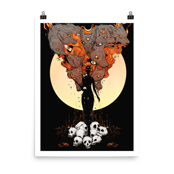 Dark art print of Mother Nature with hounds, against a full moon, featuring skulls and vibrant colors.