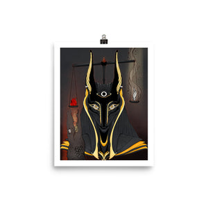 Matte art print of Anubis, ancient Egyptian god of the dead, illustrated with a jackal head and weighing heart against Maat's feather.