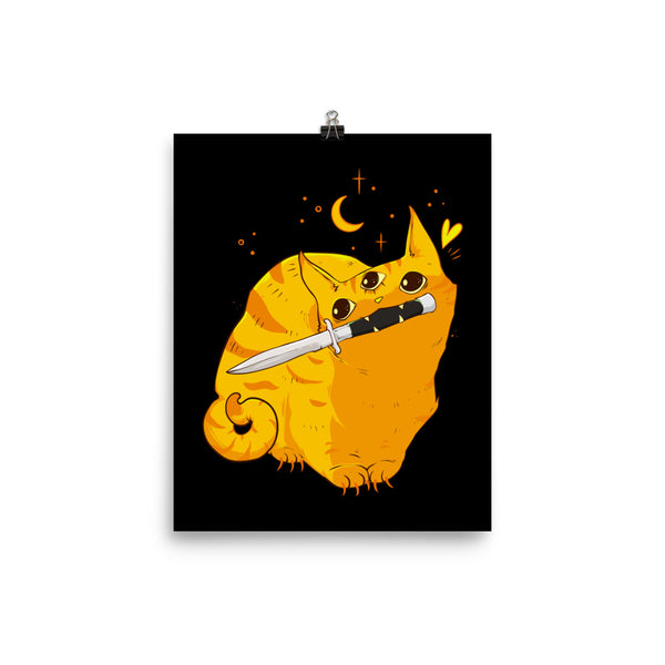 Mean orange cat art print with a sword, featuring a whimsical design on a solid black background.