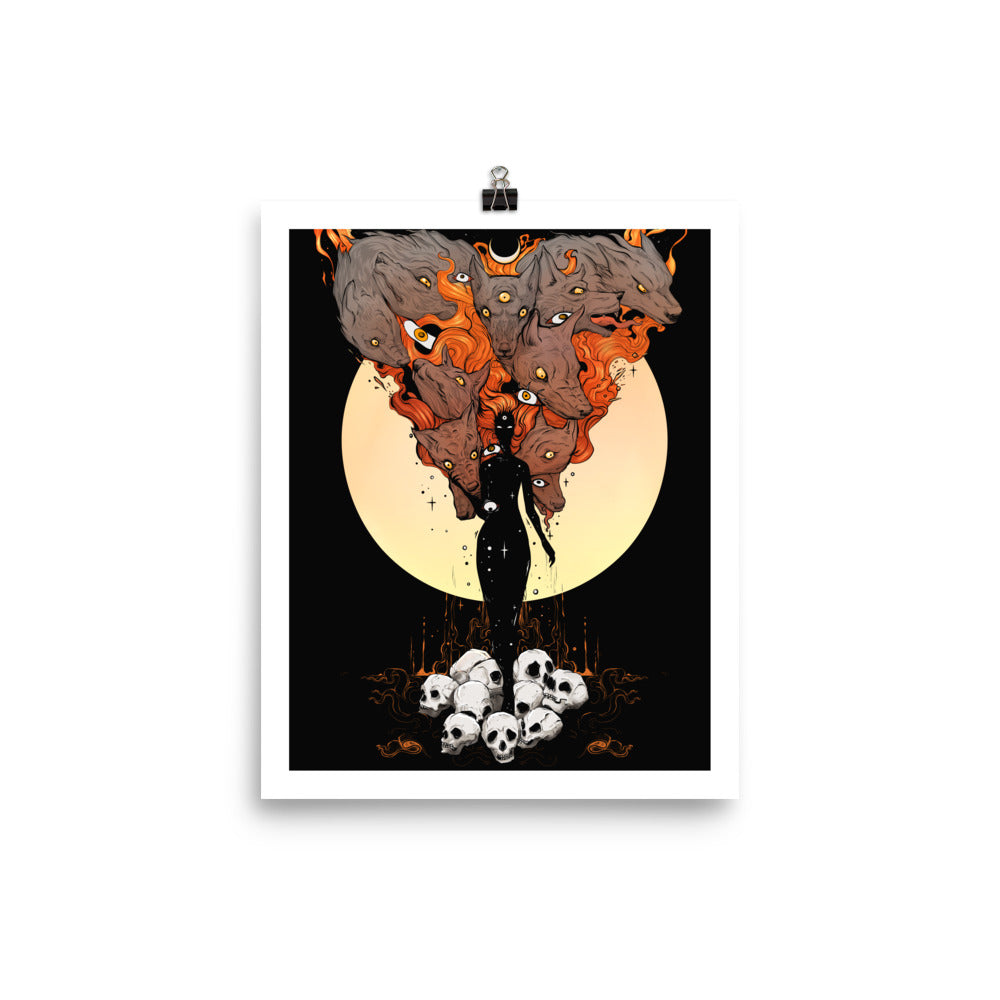 Matte art print of Mother Nature illustration with flames and skulls, featuring dark, moody colors, framed against a full moon.