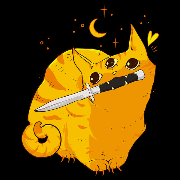 Illustration of a mean orange cat with a knife, featuring vibrant colors and a whimsical design on a black background.