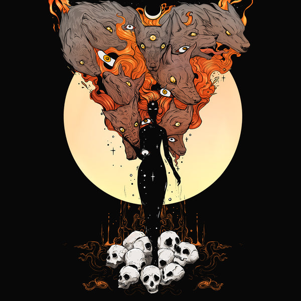 Matte art print of Mother Nature with hounds, dark version. Original illustration featuring skulls and vibrant colors.