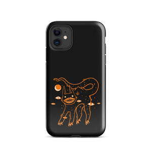 Black cat phone case with big teeth illustration, durable dual-layer design for iPhone®. Impact-resistant polycarbonate shell.