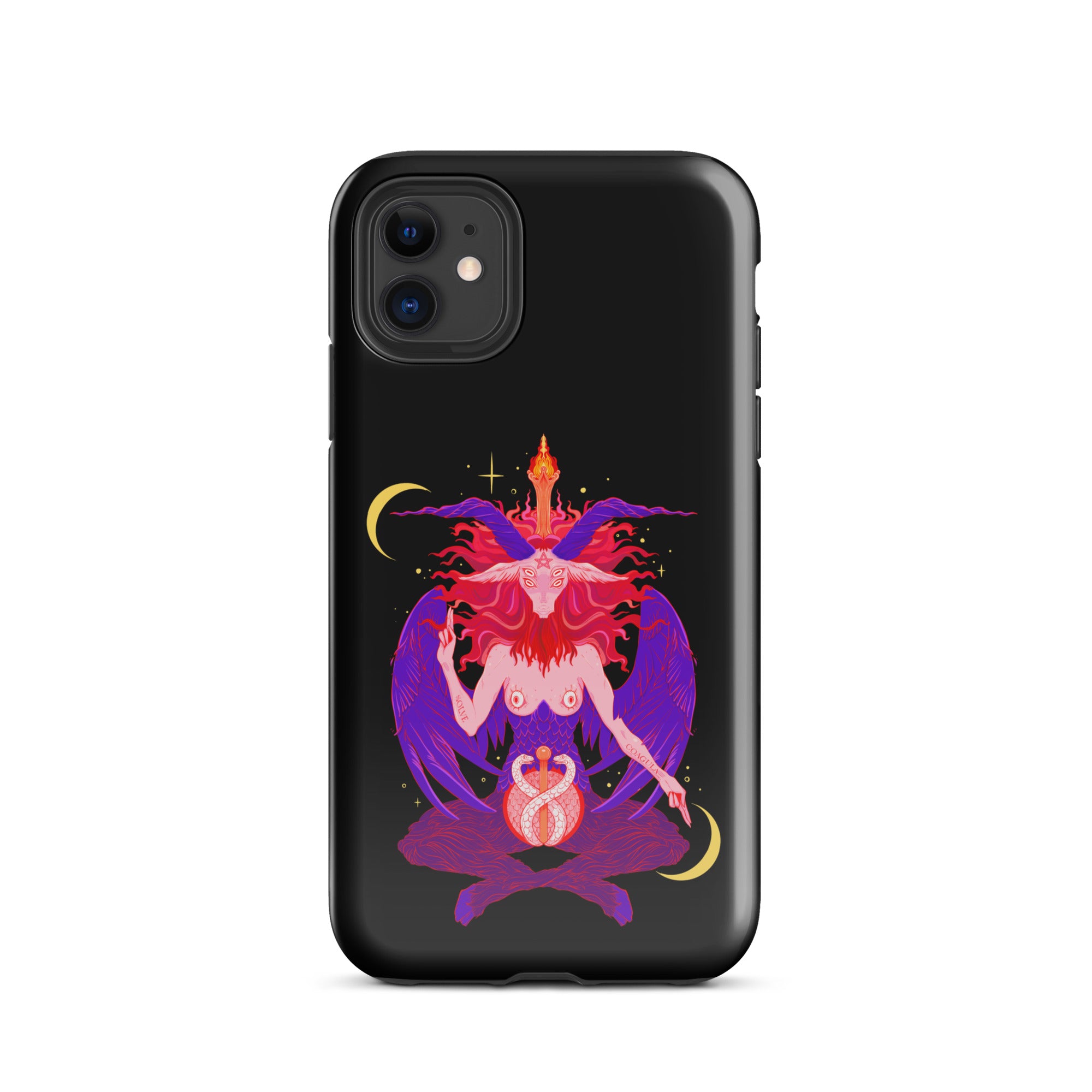 Baphomet illustration on a tough iPhone case, featuring dual-layer impact resistance and precise port openings.