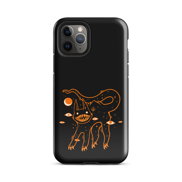 Tough iPhone case featuring an original illustration of a black cat with big teeth and cosmic elements.