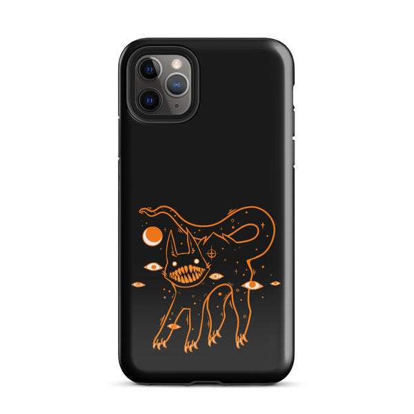 Tough iPhone® case featuring an original black cat illustration with big teeth and cosmic elements on a black background.