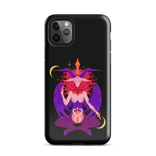 Tough iPhone case featuring original Baphomet illustration, durable polycarbonate and TPU design, perfect for protection.