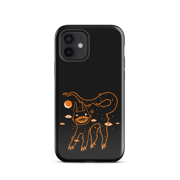 Tough iPhone® case featuring a unique illustration of a big-teethed black cat with cosmic elements. Durable polycarbonate design.