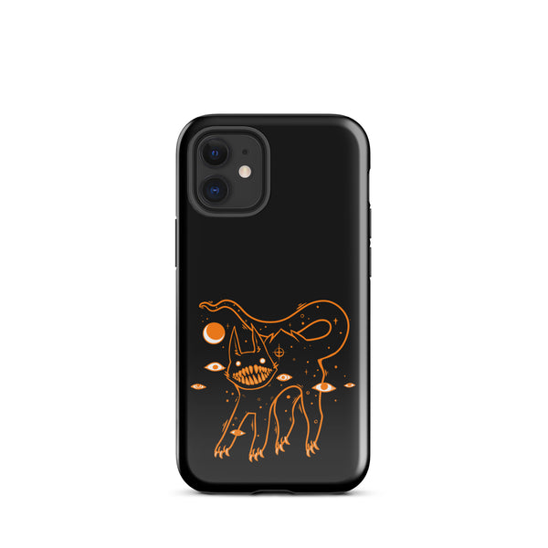 Black cat phone case for iPhone® featuring original illustration with big teeth and vibrant design. Durable dual-layer protection.