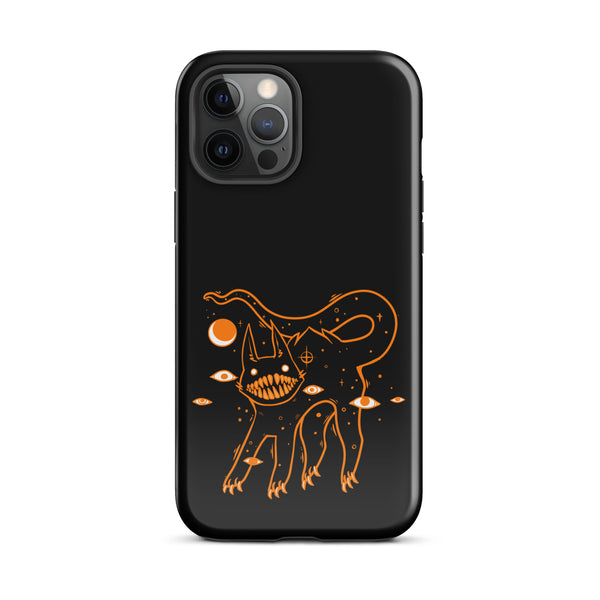 Tough iPhone® case featuring original illustration of a big teeth black cat, impact-resistant polycarbonate and TPU lining.